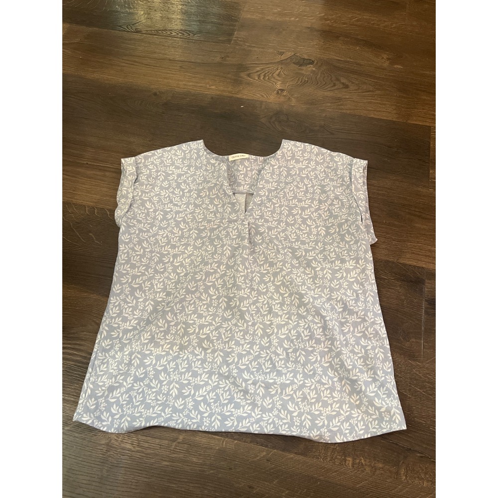 Olivia Grey‎ Womens Blue White Floral Leaf Print V-Neck Cap Sleeve Blouse Large